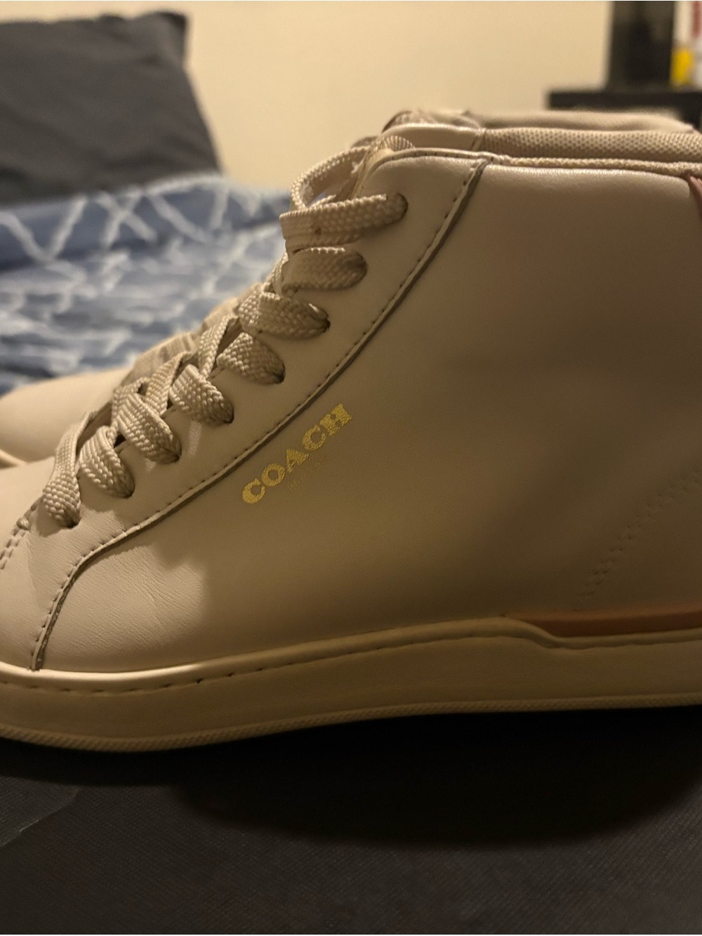 COACH Men's High-Top Sneakers in Beige with Gold Logo